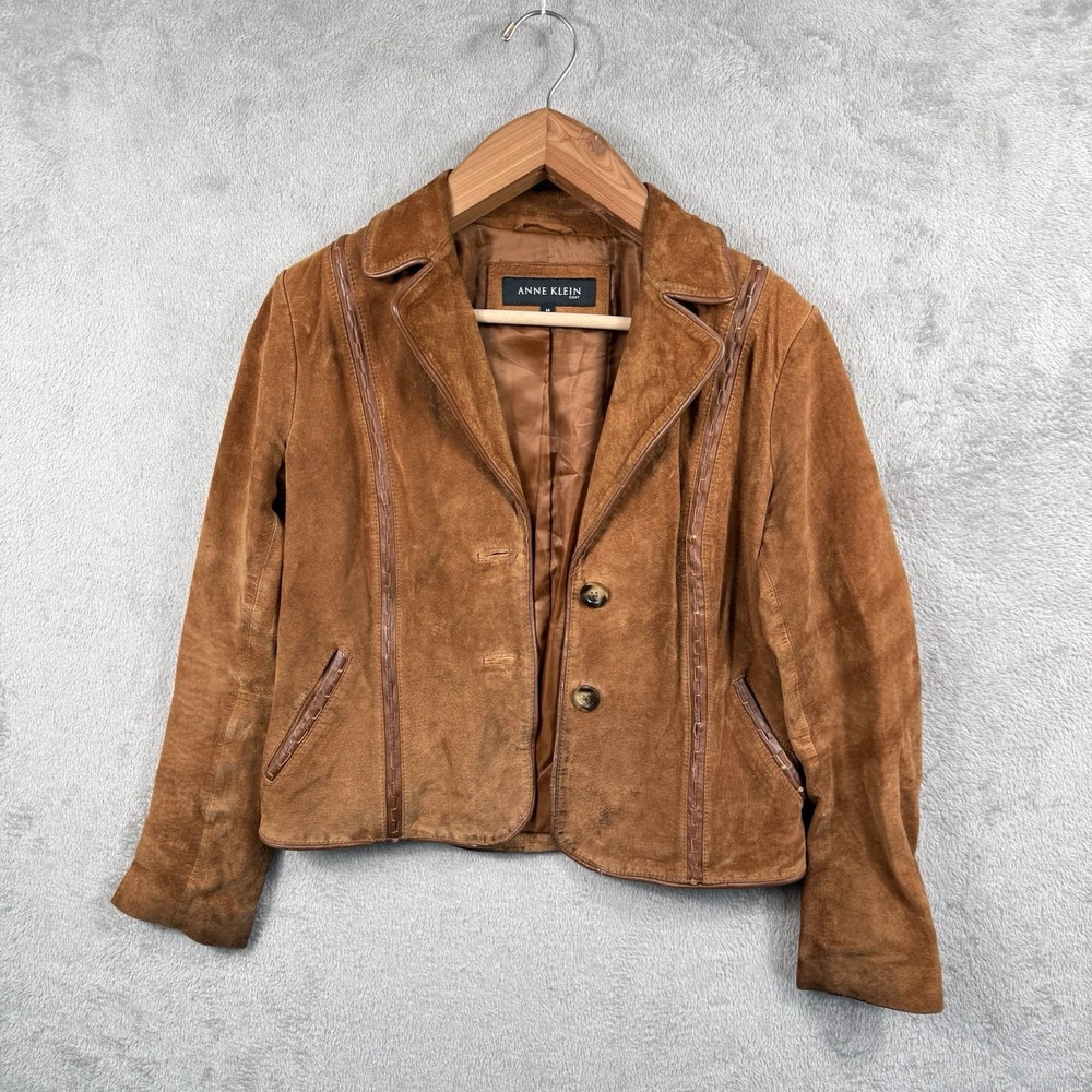 Anne Klein Brown Suede Leather Jacket Womens M Western Button Up VTG Short Coat